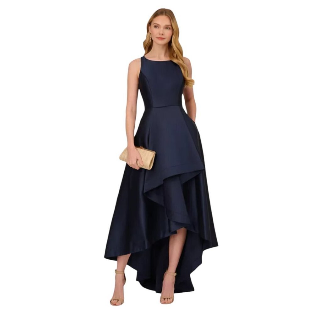 Adrianna Papell High-Low Mikado Sleeveless Gown, Navy, Size 8